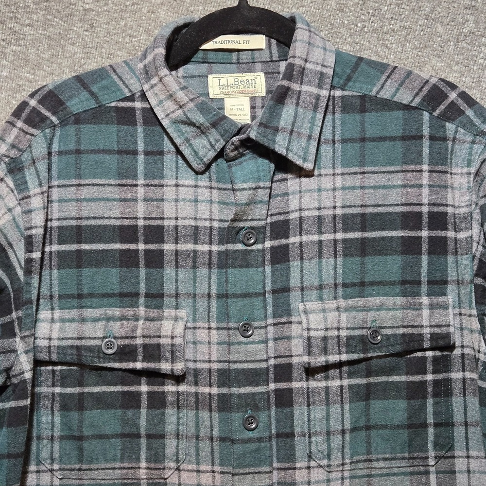 L.L. Bean Chamois Cloth Green Plaid Long Sleeve Button Up Shirt Men's M Tall